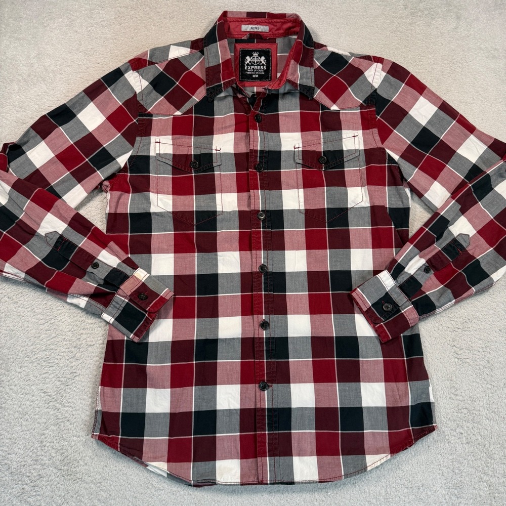 Vintage Y2K Express Button Down Shirt Mens M Red Plaid Fitted Western Pockets